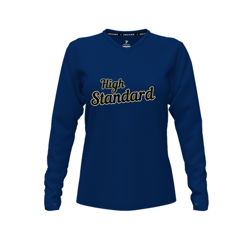 [CUS-DFW-TEES-CMF-VNK-LSL-NVY-FYXS-LOGO2] Decker Comfort T-Shirt (Female Youth XS, Navy, V Neck, Logo 2, Long Sleeve)