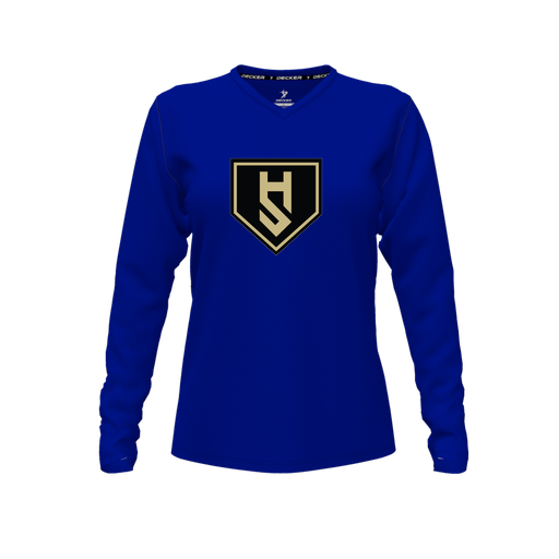 [CUS-DFW-TEES-PER-VNK-LSL-RYL-FYXS-LOGO1] Performance T-Shirt (Female Youth XS, Royal, V Neck, Logo 1, Long Sleeve)